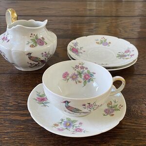 Excellent Haviland Limoges GDA Creamer + Tea + 3 Saucers Peacock Birds Asiatic